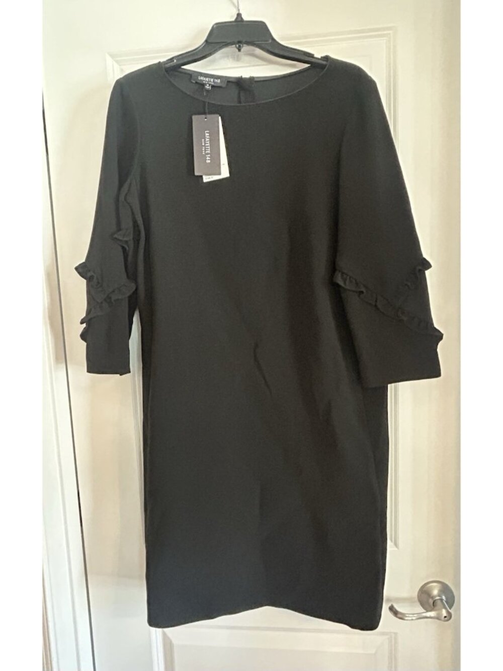Lafayette 148 Dress Medium Womens Black Crepe Ruffle Sleeve Detail Shift NWT - Picture 2 of 11